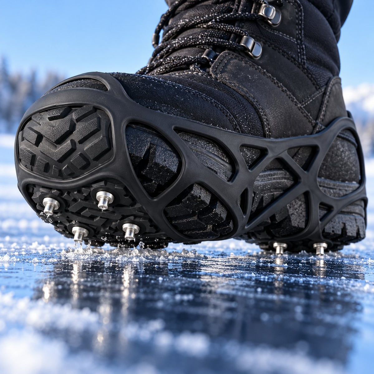 Close-up of a boot with an ice cleat on glossy ice