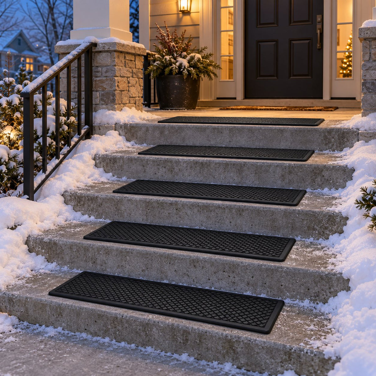 Concrete porch steps fitted with black rubber stair treads in winter