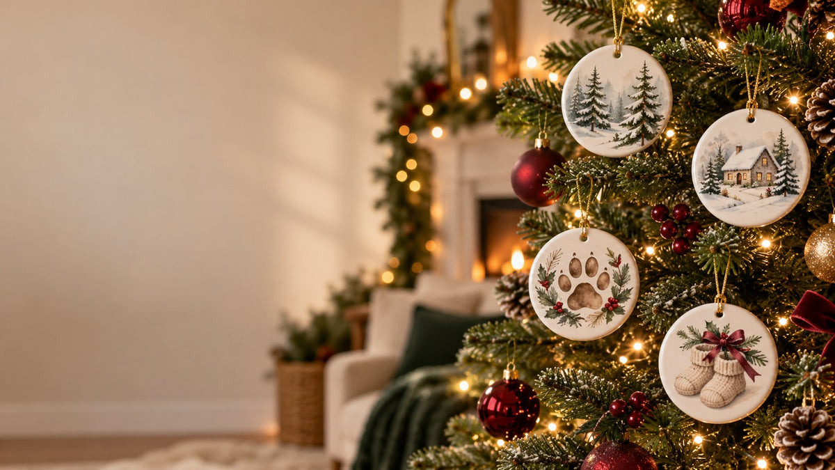 Personalized ceramic ornaments on a Christmas tree by the fireplace