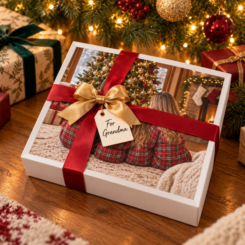Wrapped photo puzzle box with a red ribbon under the Christmas tree