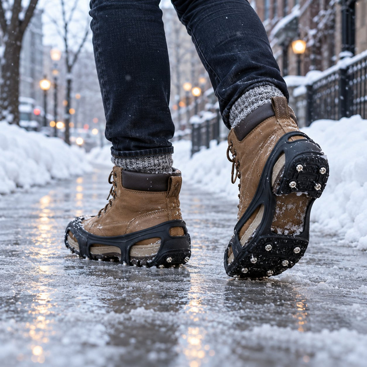 Winter boots with ice cleats walking on an icy sidewalk
