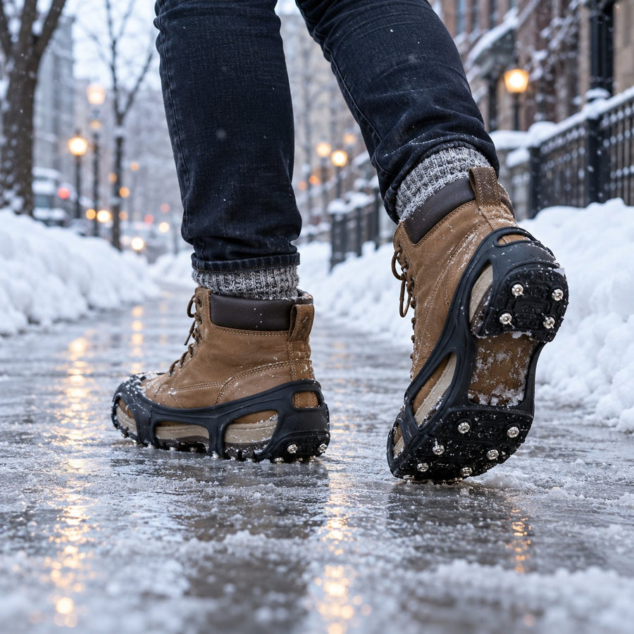 Personne marchant sur un trottoir verglacé avec des crampons sur ses bottes