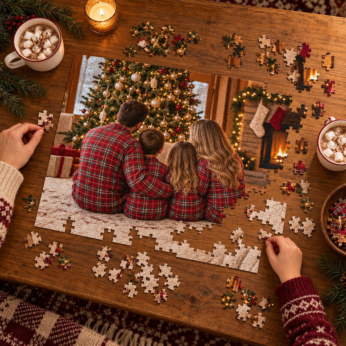 Family photo puzzle in progress on a coffee table