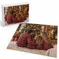 Custom family photo puzzle assembled next to its box