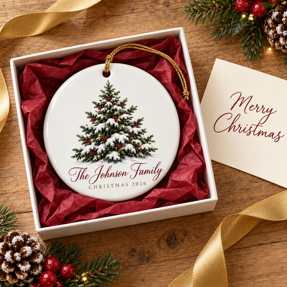 Ornement personnalisé « The Johnson Family » dans une boîte avec une carte Merry Christmas