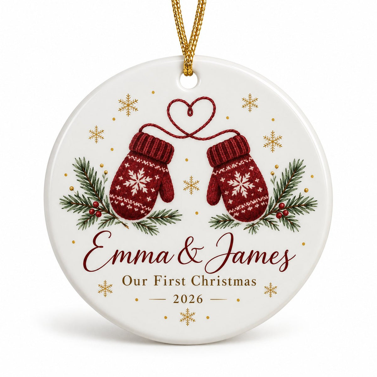 Personalized couple ornament with red mittens, Emma and James, Our First Christmas 2026