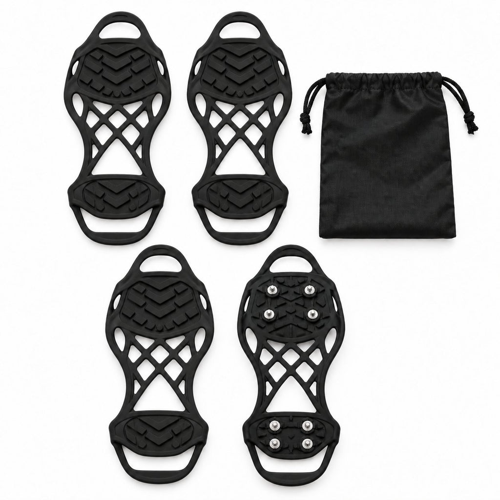 Four black ice cleats, one turned over to show the metal studs on the sole