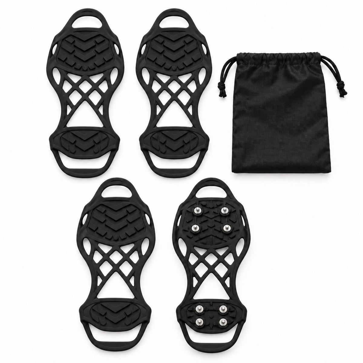 Four black ice cleats, one turned over to show the metal studs on the sole