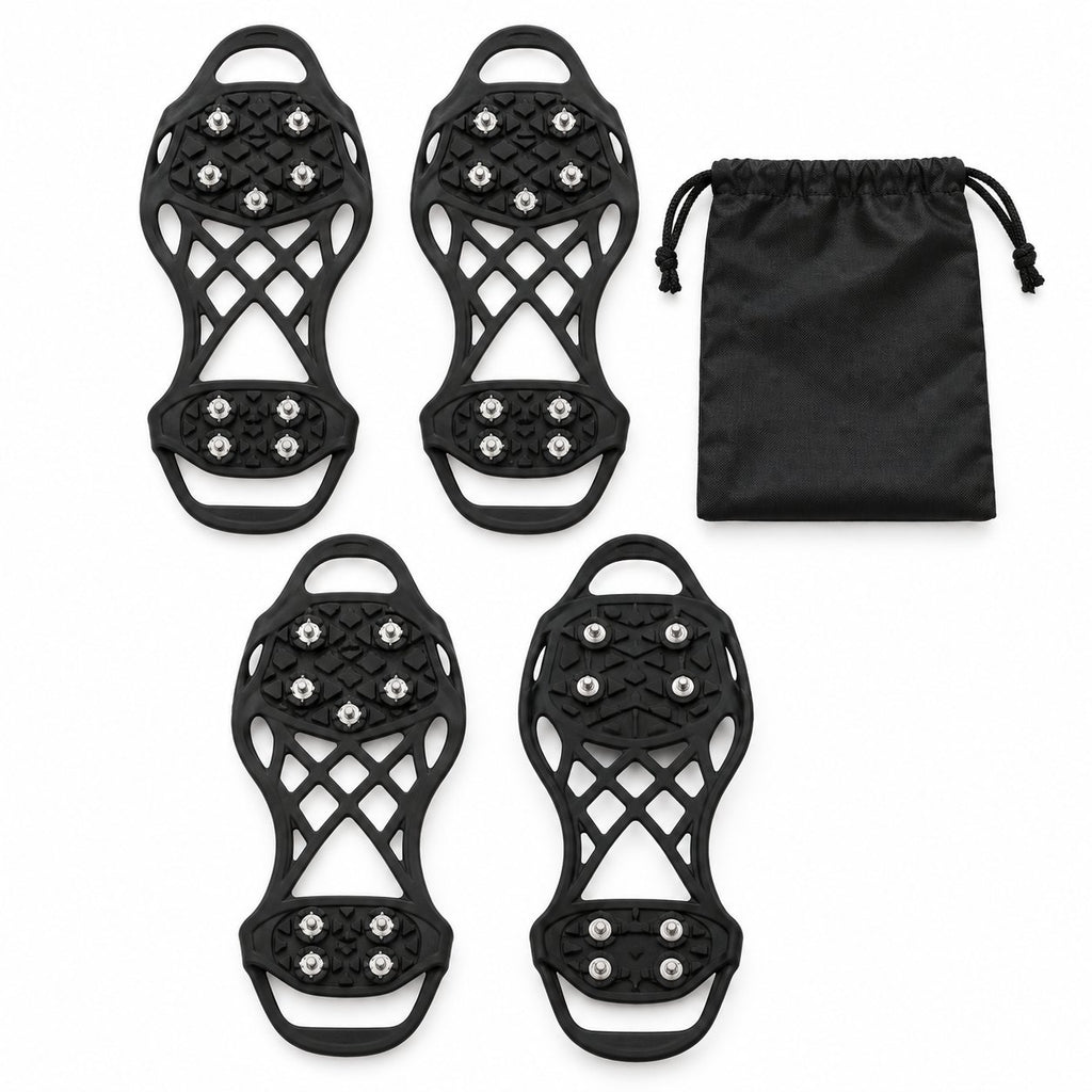 Two pairs of black ice cleats with metal studs