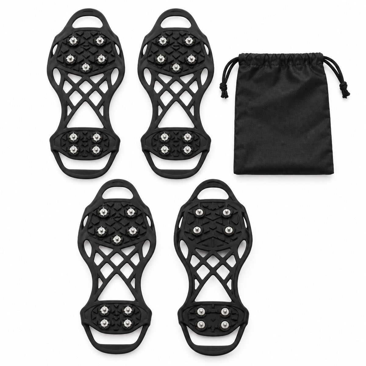Two pairs of black ice cleats with metal studs