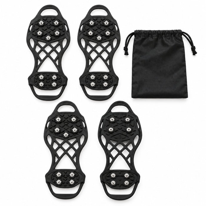 Two pairs of black ice cleats with metal studs