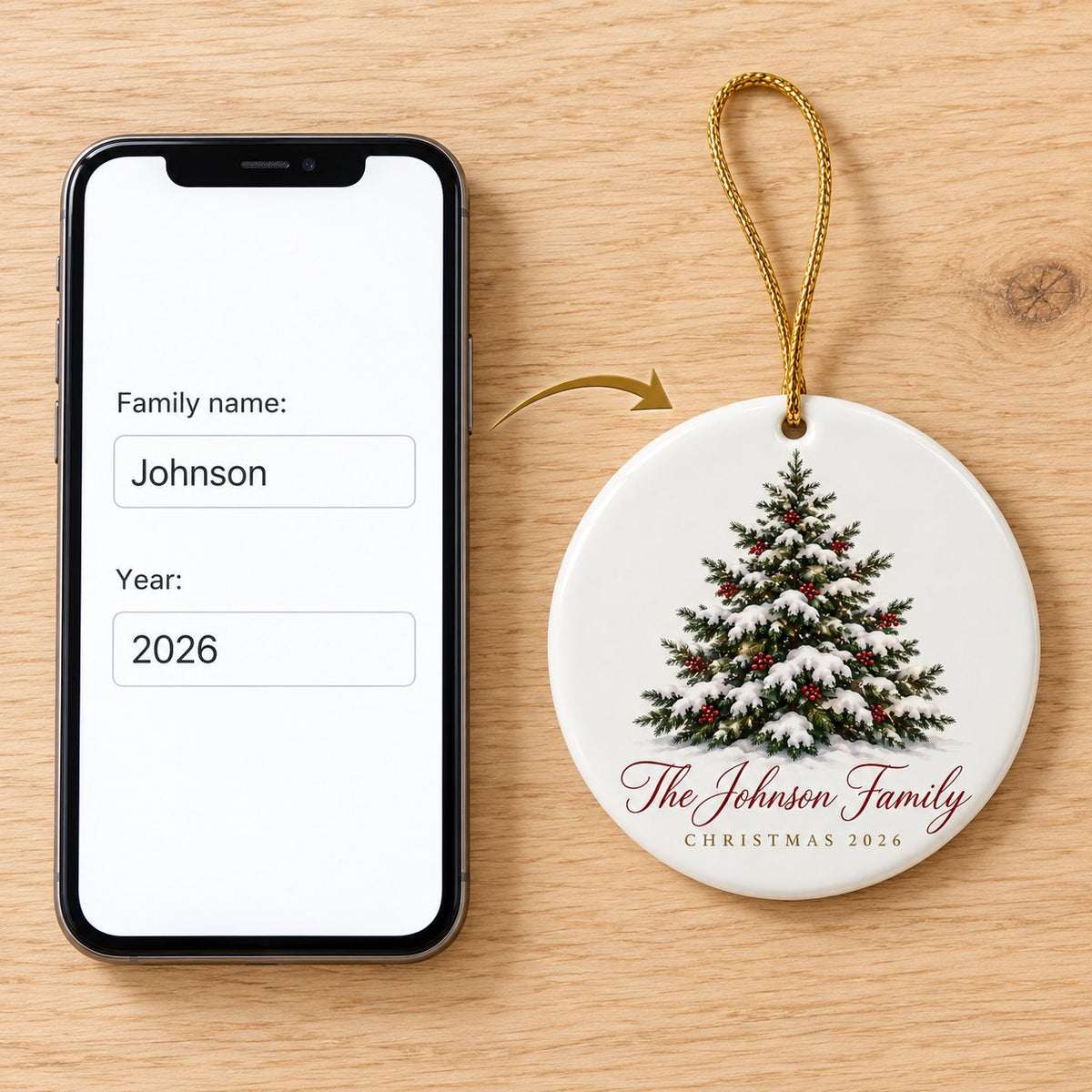 Order form with family name and year next to the finished personalized ornament