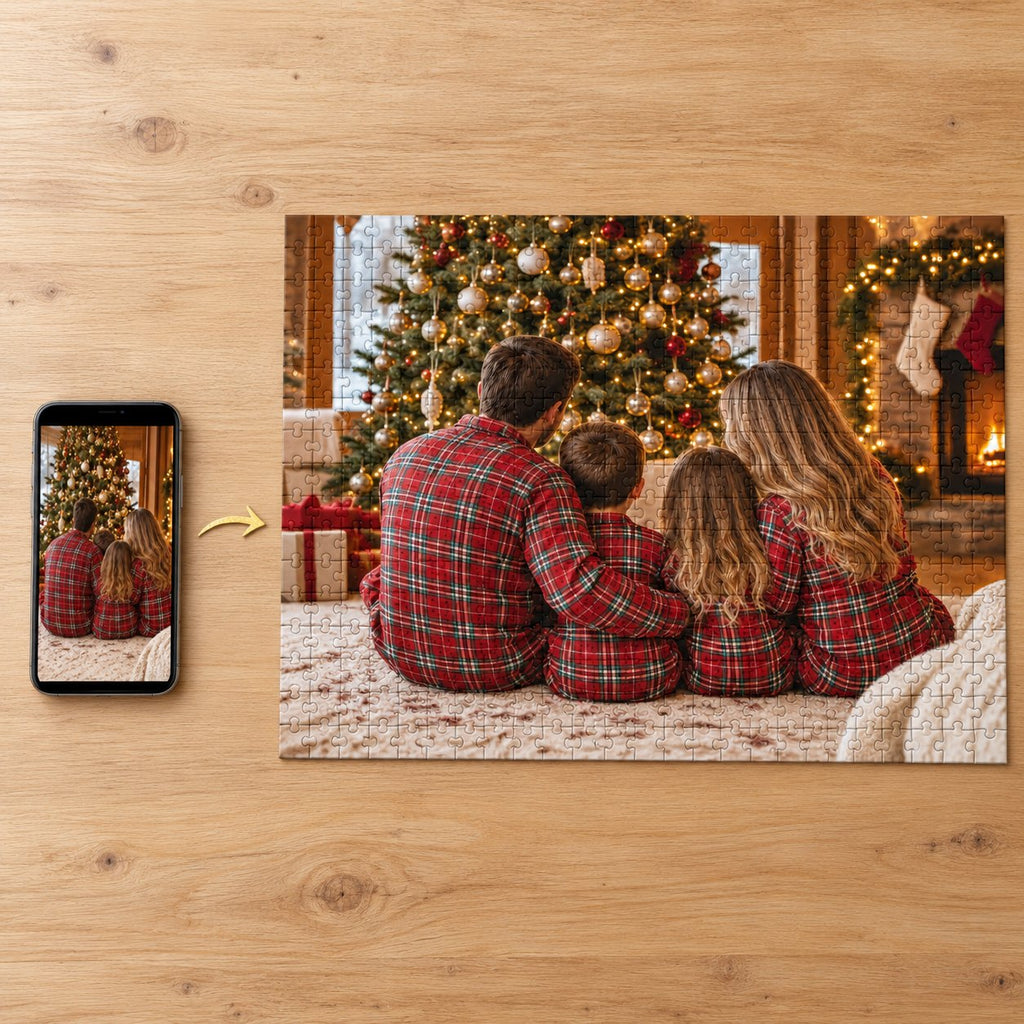 Family photo on a smartphone next to the same photo as an assembled puzzle