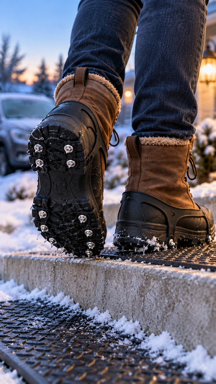 Ice-cleated winter boots on a snowy porch