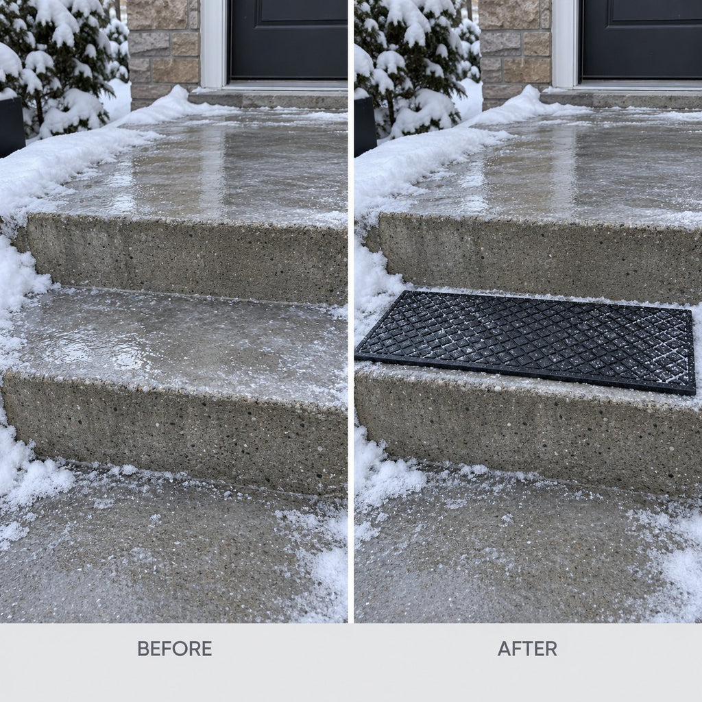Icy outdoor step before and after installing a rubber stair tread