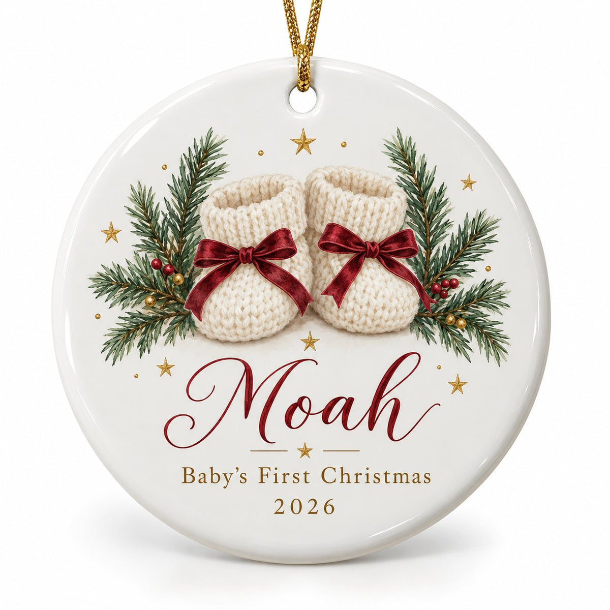 Personalized baby ornament with knitted booties, Noah, Baby's First Christmas 2026