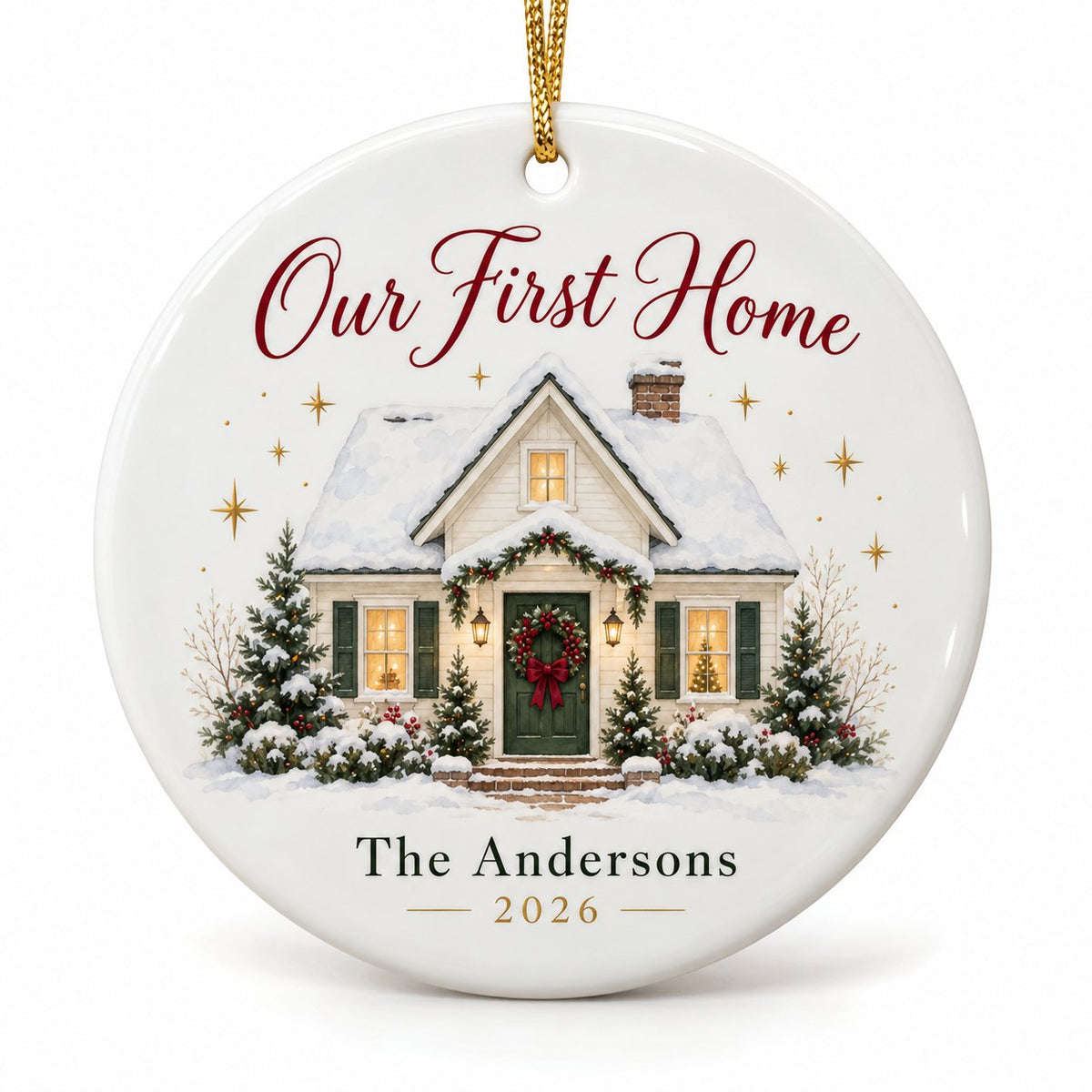 Personalized new home ornament with a snowy cottage, Our First Home, The Andersons 2026