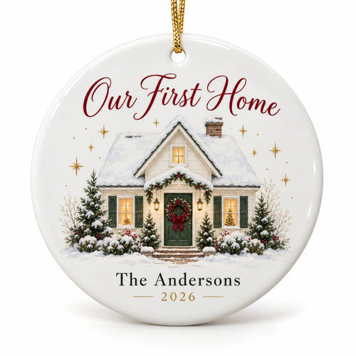 Ornement de Noël en céramique personnalisé « Our First Home »