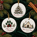Set of three personalized ceramic ornaments on green velvet with pine branches