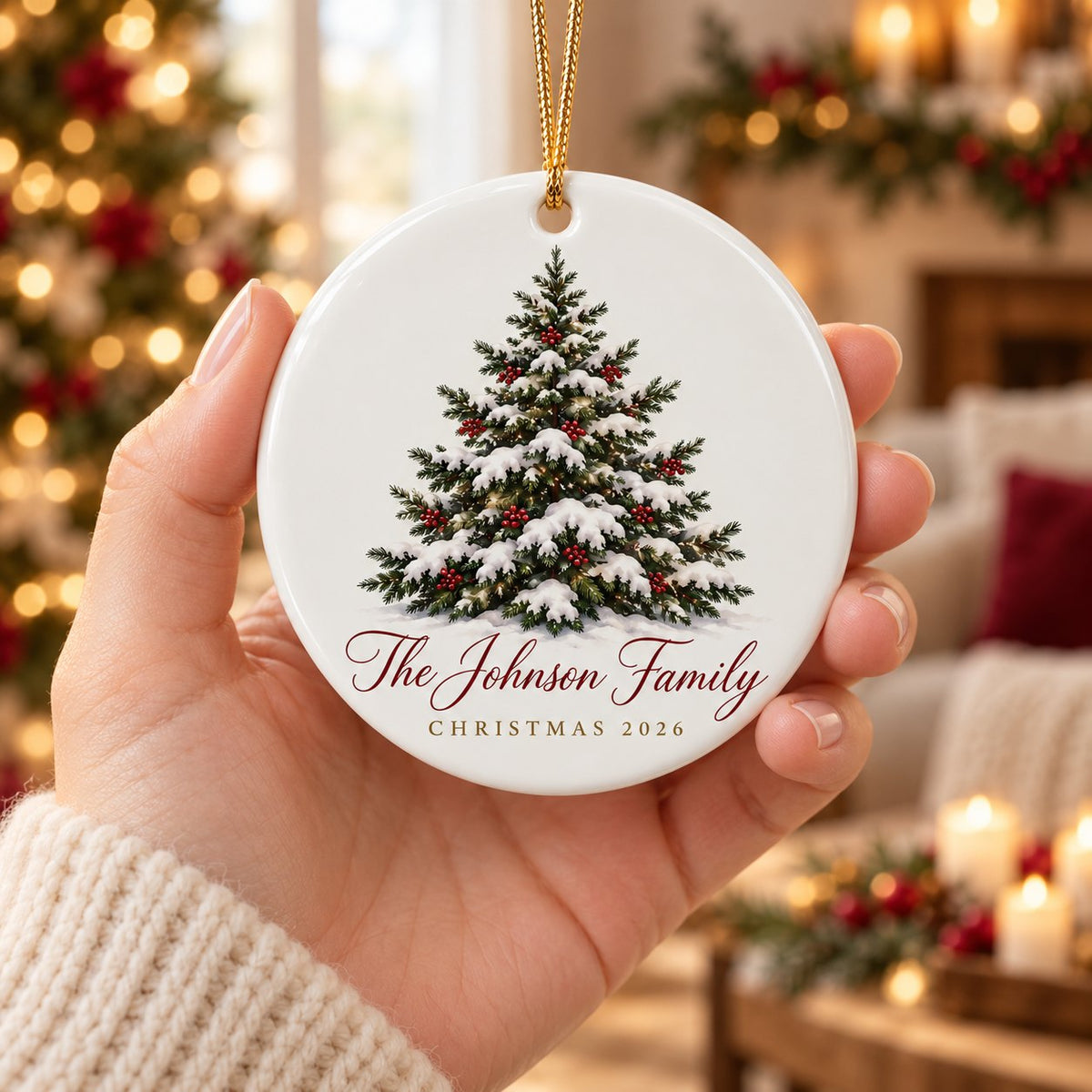 Personalized family ornament held in hand