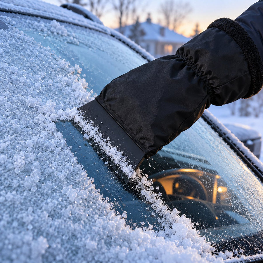 Mitt scraper clearing frost from a car windshield